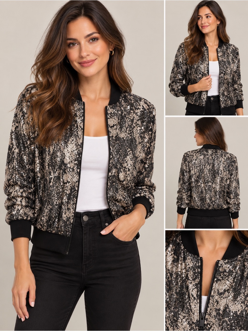 Rachel Zoe Metallic Snake-Print Bomber Jacket in Black and Silver